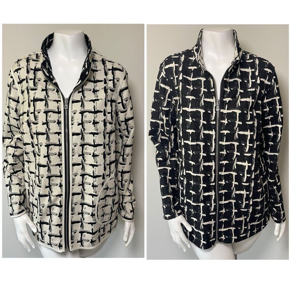 À La Carte Women's Reversible Cotton Jacket M Cream Black‎ Artsy Office Evening